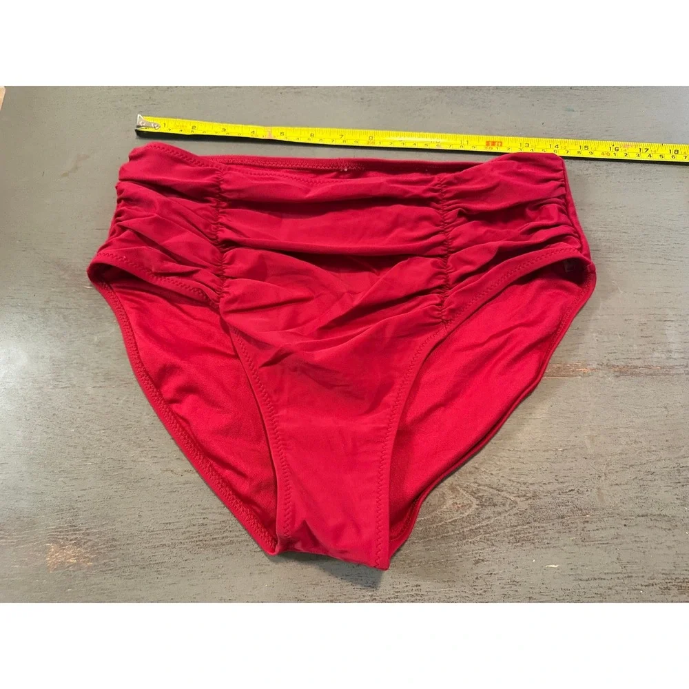 Red High Waisted Ruched Bikini Bottoms Women Size Large Full Coverage Swimwear